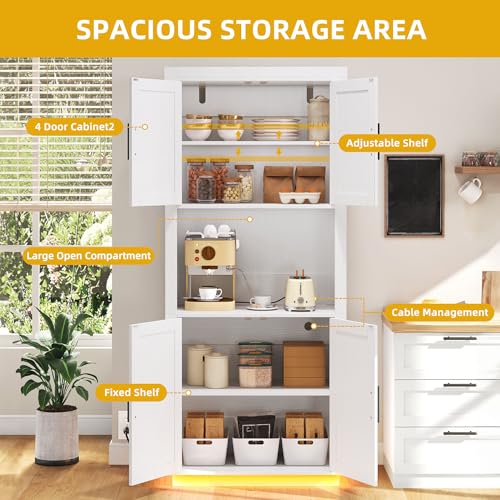 DWVO Kitchen Pantry Cabinet, Modern 71" Tall Kitchen Pantry Hutch Storage Cabinets with Lights & Charging Station & Microwave Stand for Living & Dining Room or Hallway, White