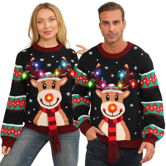 Ugly Christmas Sweater Women Men,Light Up Christmas Sweater for Couples,Funny Cute Reindeer