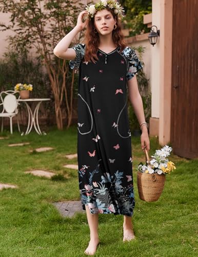 Image of Ekouaer Long Nightgown Women's Loungewear Short Sleeve Sleepwear Full Length Sleep Shirt with Pockets