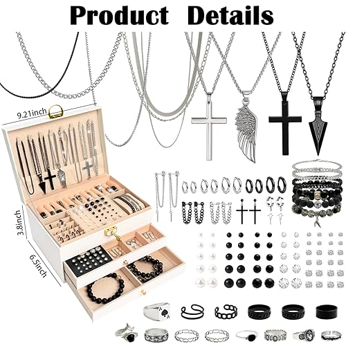 SMUOBT Jewelry Box with Jewelry Set for Women Men - Large Multi-Layer Jewelry Organizer Storage Case with Drawers, Necklace Bracelet Hoop/Stud Earrings Rings Gift Set for Her Him, Unique Birthday Party Gift (Gold/Black Silver) - Image 6
