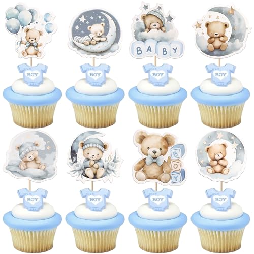Rsstarxi 40 Pack Blue Baby Bear Cupcake Toppers Moon Balloon Goodnight Bear Cupcake Picks for Gender Reveal Theme Baby Shower Boys Birthday Party Cake Decorations Supplies