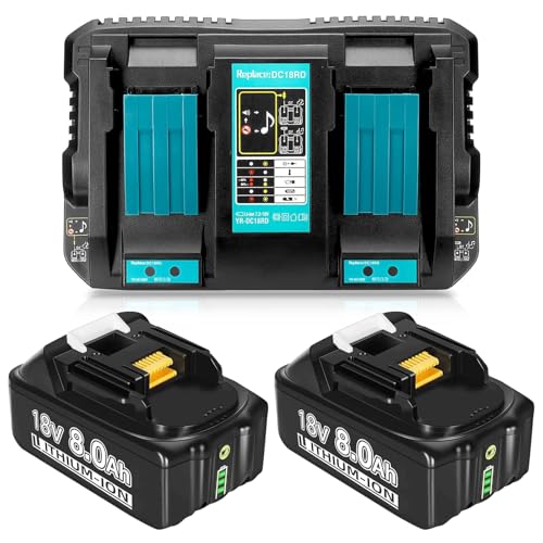 2 Pcs 18-Volt 8.0Ah Battery with 4A DC18RD Charger Replacement for Makita 18V Battery Compatible with Makita 18Volt Cordless Power Tool