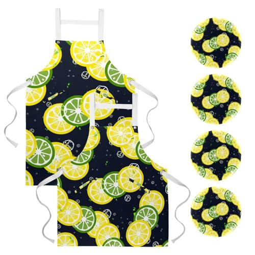 Lot de 2 tabliers de cuisine avec 4 broches motif citrons verts