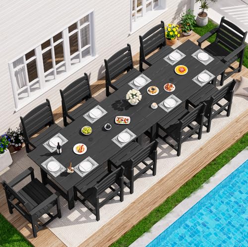 Image of SERWALL Outdoor Dining Sets for 10, HDPE Dining Set with 2 Tables, 8 Armless Chairs and 2 Armed Dining Chairs, Black