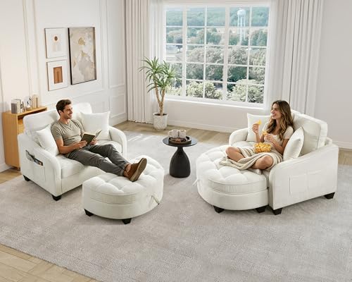 Image of Oversized Chair and A Half, Chenille Tufting Accent Cozy Reading Sofa Chair with Storage Ottoman, Upholstered Loveseat Chaise Lounge Sofa with Adjustable Back for Living Room, Office, Sunroom, Beige