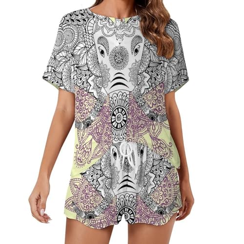 Ensemble de pyjama pour femme manches courtes Fleur Éléphant vêtement de nuit d'été