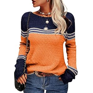Danedvi Women Autumn Winter Colorblock Pullover Sweaters Round Neck Striped Slim Fitting Knitwear Tops