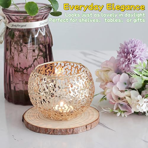 Metal Cut-Out Tealight Candle Holders Set of 2 – Geometric Lanterns for Table Centerpiece & Bathroom Spa – Shatterproof Holiday Decor, Winter Wedding (Gold*2) - Image 3