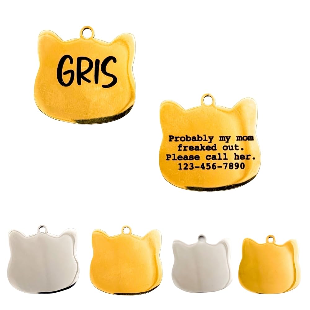 Custom Engraved Cat ID Tag – Funny & Personalized Cat Collar Name Tag with Phone Number – Durable Stainless Steel Pet ID Tag in Silver and Gold (Large, Gold)