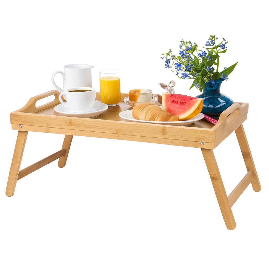 Tavolino per Letto Pieghevole, Vassoio da Letto in Bambù 100% con Bordi Rialzati - Vassoio Colazione a Letto, Tavolo da Letto e Poggia PC. Dimensione 50x30x25