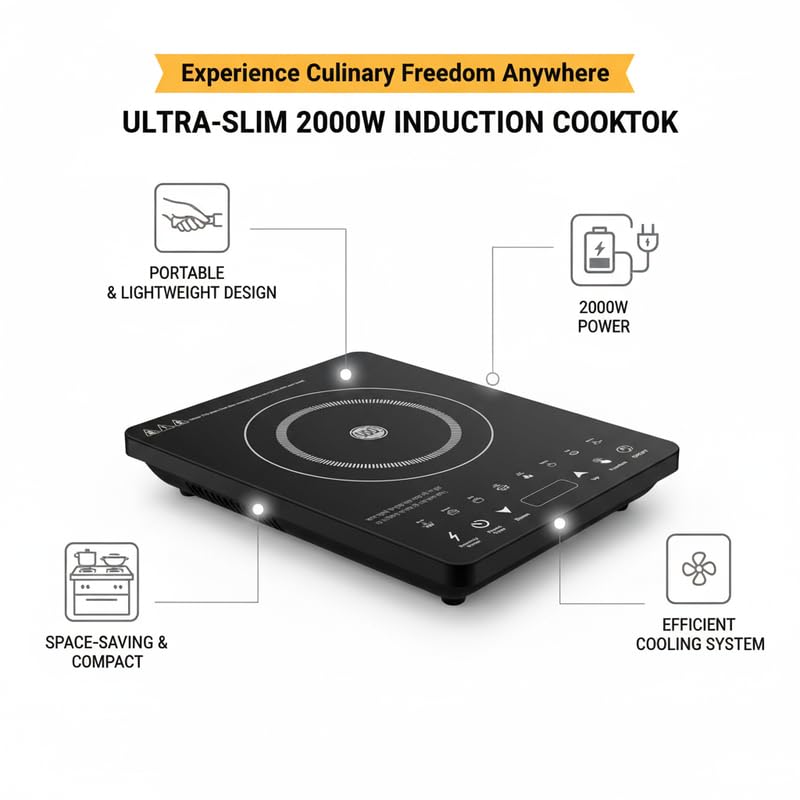 Image of Drumstone (15 Years Warranty) 2000W Induction Cooktop with Toughened Glass Surface, Touch Control Panel, Fast Heating Electric Stove for Efficient Home Kitchen Cooking
