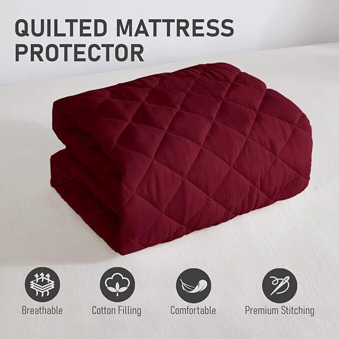 Image of 100% Waterproof Quilted Mattress Protector Premium Cotton Feel King Size, 72x78 Inches, Maroon, Machine Washable