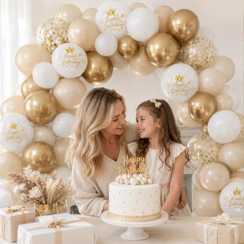 Image of White and Gold Birthday Balloons for Women Girls, Sand White Cream Beige Printed Balloons with Metallic Light Gold Confetti Balloon for Girls Women Boho Neutral Birthday Party Decorations