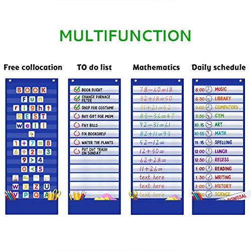Image of Scheduling Pocket Chart, 13+1 Pockert, Daily Class Schedule Pocket Chart with 18 Dry-Eraser Cards, Ideal for Classroom Office School Home Used, Over-door Mount (Blue)