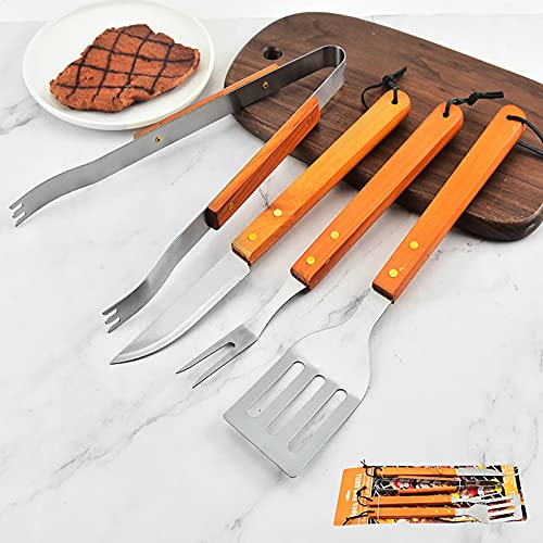Dinglong Fligatto 4 Pièces Set de Ustensiles pour Barbecue en Acier avec Manches en Bois d’Acacia et Un œillet de Suspension.avec Le Set Professionnel d’ustensiles pour Barbecue en Acier composé.