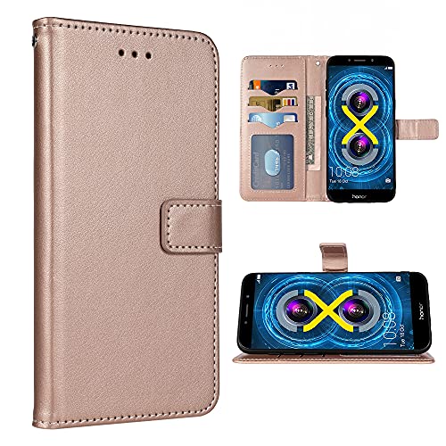FDCWTSH Compatible with Huawei Honor 6X Wallet Case Wrist Strap Lanyard Leather Flip Cover Card Holder Stand Cell Accessories Folio Purse Credit ID Phone Cases for Hwauei GR5 2017 Women Men Rose Gold