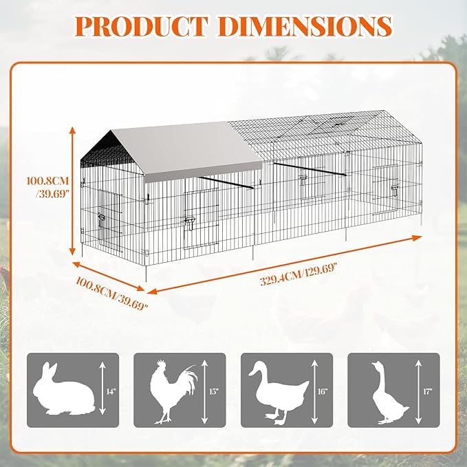 Gallinero de metal, 329 x 100 x 100 cm, gallinero para patio con cubierta impermeable, gallinero portátil al aire libre con 4 puertas, 1 ventana, gallinero para animales pequeños, pato, conejo, pollo