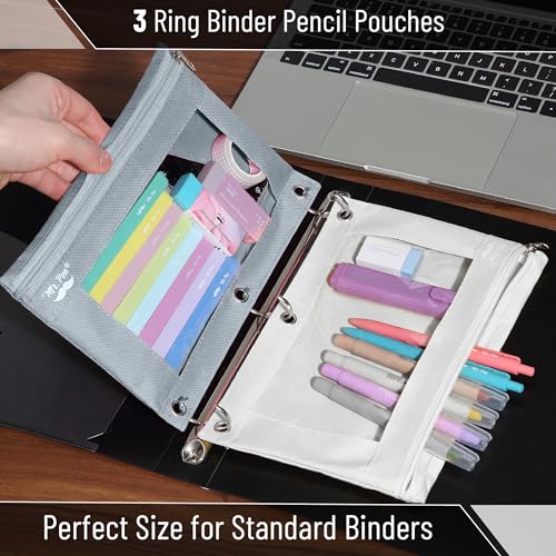 Image of Mr. Pen- Pencil Pouch for 3 Ring Binder, 2 Pack, 10 inchx6.75 inch, Smooth Zipper | Clear Window, Large Capacity Pencil Case with 3 Reinforced Grommets for School, Office, Supplies Storage | Clear Window, Large Capacity Pencil Case with 3 Reinforced Grommets for School, Office, Supplies Storage