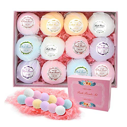 Bath Bombs Gift Set, 12 x 2.82 oz Handmade Bubble Bath Bomb Fizzy Spa to Moisturize Dry Skin, with Natural Essential Oils & Dry Flowers- Perfect Gift for Girlfriend, Wife, Mom,Women