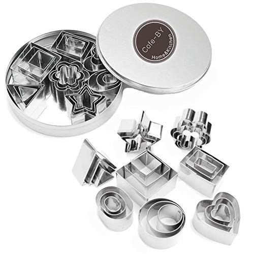 Cofe-BY Mini Cookie Cutter set â€“ 24 Pieces Metal Fondant Cutters Stamp â€“ 3 Heart Shape, 3 Star Shape, 3 Flower Shape and 15 Geometric Shape Cutters for Polymer Clay