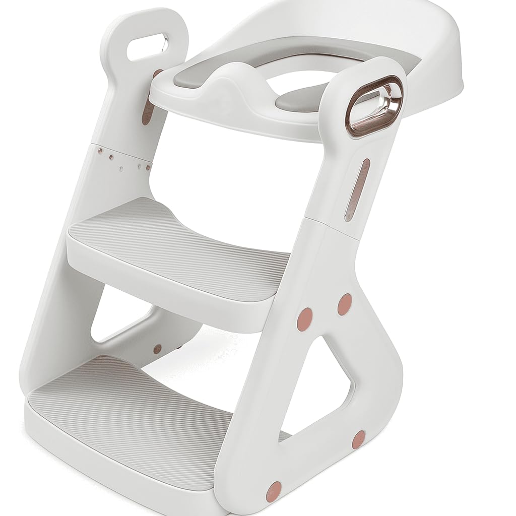 Primabobo Laura Réducteur de toilette enfant avec marchepied, siège WC pliable avec échelle et poignées, hauteur réglable 37–44 cm, blanc