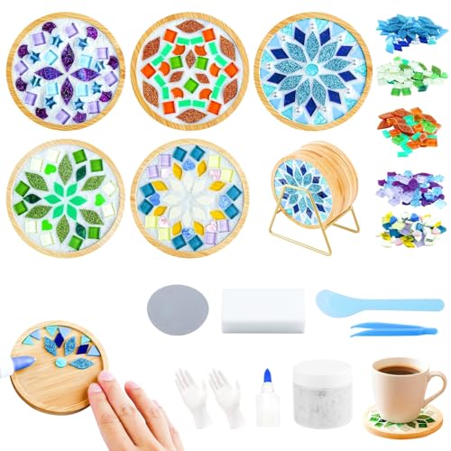 Karidge 5 Sets DIY Mosaic Tiles for Crafts Mixed Color Mosaic Coaster Kit Material Package for Adults Women Wooden Coaster for Drinks Tray Handmade Home Decoration and Gift Idea Summer Party