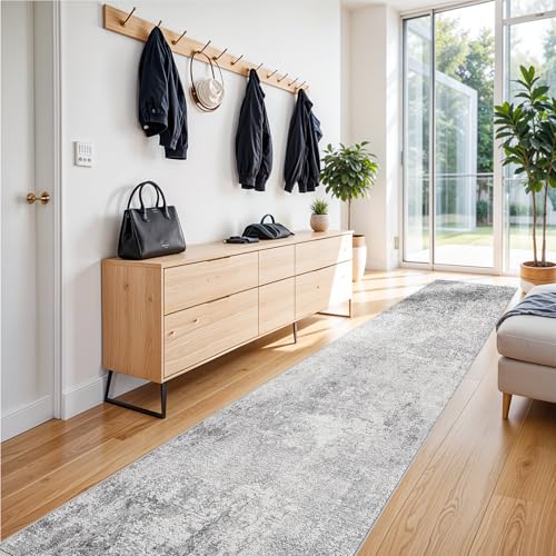 RUUGME Washable 3x14 Hallway Runner Rug - Runner Rugs Modern Stain Resistant Indoor Mat Rug Runner for Laundry, Bedroom Non Slip Rubber Backing Thin Hallway Runner Rug Low Pile Carpet 3x14 Grey