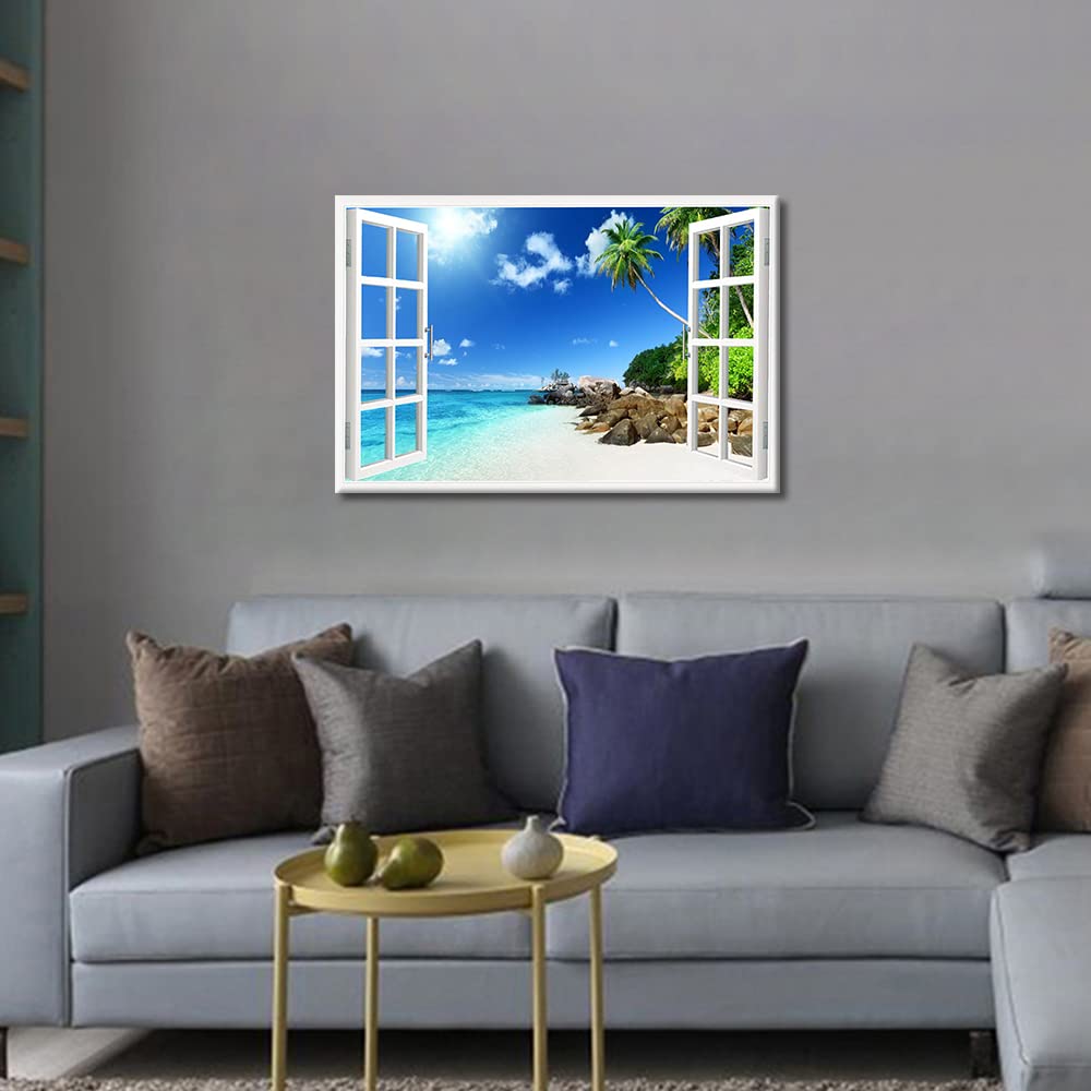 Wall Decorations for Living Room Window View Wall Art Ocean Beach Palm Wall Art Sunset Sea Tree Landscape Bedroom Decor Artwork for Home Walls Stretched and Framed Ready to Hang (24"W x 16"H) - Image 4