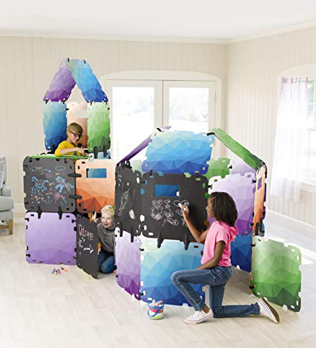 HearthSong Chalkscapes Indoor Fantasy Forts Kit with Sturdy 22 sq. Geometric Pattern Cardboard Panels (Chalkboard Finish on Reverse Side), Carton Clips, and Hook and Loop Connectors (32pc)
