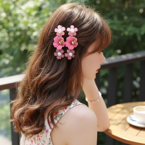 Image of Alvero 2Pc Elegant Flower Hair Clips for Women, Translucent Floral Barrettes with Pearl & Crystal Rhinestone, Cute Korean Style Clips for Wedding, Party - 6 x 2 x 1.5cm (Pack of 2 Piece) (Pink)