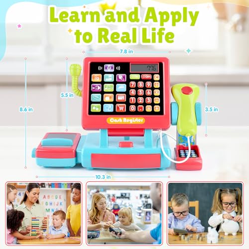 Image of PLAY Kids Cash Register Toy Supermarket with Register Pretend Play Calculator Register Toys with Scanner /Microphone /Credit Card /Conveyors /Cans /Drink /Play Money, Cash Register for Kids Ages 3+