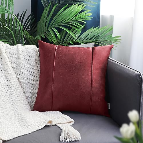 Image of BRAWARM Burgundy Leather Throw Pillow Covers 22 X 22 Inches - Faux Leather Pillow Cover with Piping, Hand Stitched Leather Throw Pillow for Couch Sofa Bed Living Room Home Decorative