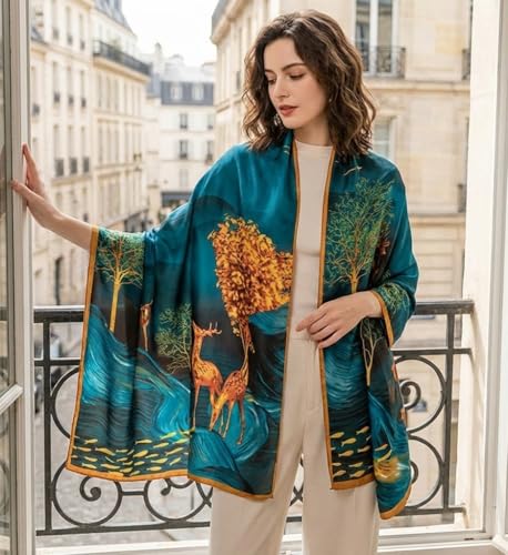 Image of Alexvyan Satin Silk Summer Scarves 180 x 84 cm, Blue Golden Dear Theme with Stitched Border, Lightweight Fashion Scarf for Women Sun Protection Stole