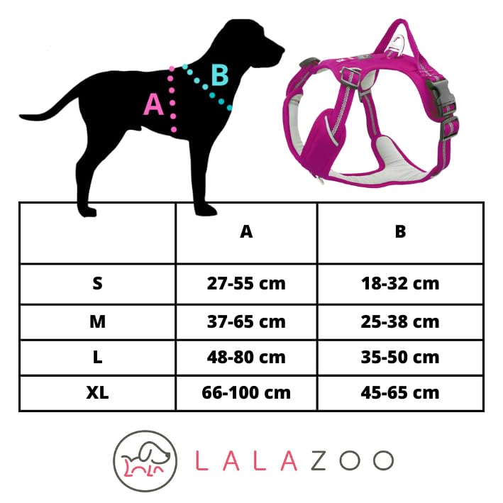 Lalazoo Adventure Hundegeschirr Typ Guard – No-Pull verstellbar gepolstert & reflektierend mit Griff Zwei Leinenbefestigungen & Tasche wasserabweisend für kleine mittelgroße & große Hunde – Rot, M