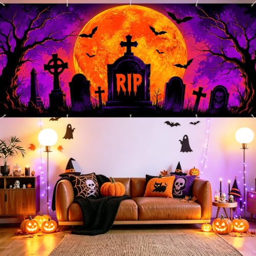Image of Halloween Garage Door Decorations 7 x 16 ft, RIP Grave Cover