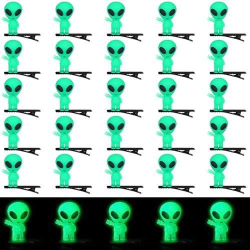 Luinabio 30 Pcs Mini Alien Glow in the Dark Hair Clips Alien Hairpins for Space Theme Party Funny Hair Clips Halloween Accessories for Rave Music Festival (Cute Green)