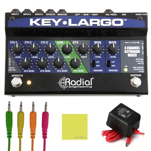 Radial Engineering Key-Largo Keyboard Mixer, USB Interface and Performance Pedal Bundle with Pig Hog 4X Neon Mono Patch Cables and Liquid Audio Polishing Cloth