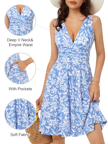 Image of OURIN Women's Spring Deep V Neck Sleeveless Floral Sundresses with Pockets Flowy Summer Dresses for Women