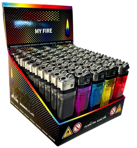 50 Stück Einwegfeuerzeuge mit Reibrad Einweg Feuerzeug in Display, Einstellbare Flamme, Mehrfarbig