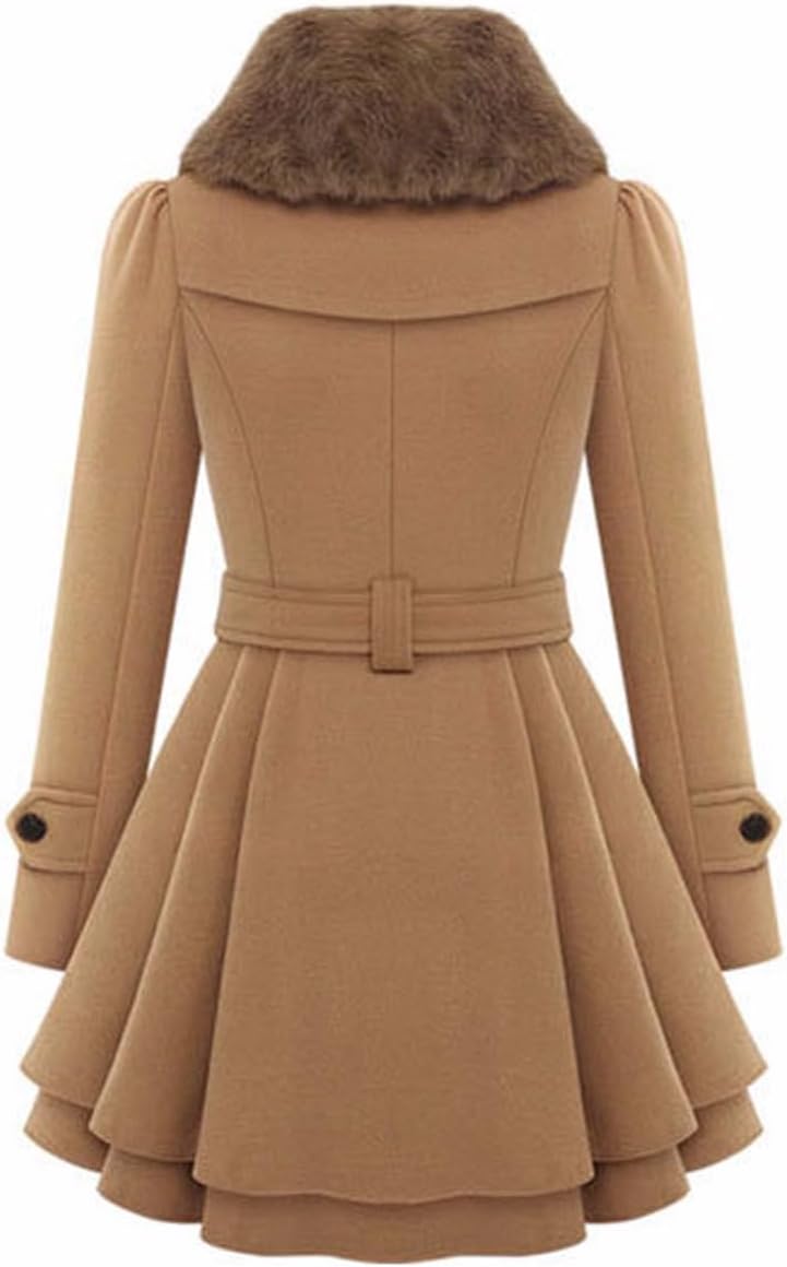 xxxiticat Women's Double Breasted Trench Coat Long Sleeve Faux Fur Lapel Flared Hem Belted Winter Warm Jacket Overcoat - Image 3