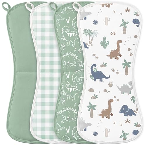 Image of Burp Cloths Baby Boy, Large 21'' X 10'' Cotton Burping Cloths for Babies, Ultra Soft and Absorbent Burp Rags, 4 Pack Set Washcloths Newborn Spit Up Rags Green Dinosaur