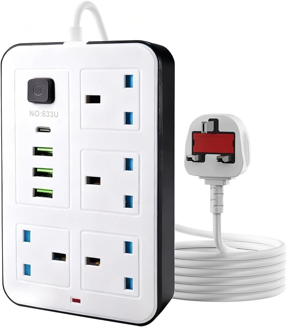 Extension Lead with USB Ports, 2500W 13A UK Power Strip, 4 Way Extension