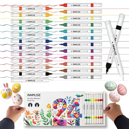 INNMUSE Acrylstifte Set mit 24 Farben – Doppelte Spitze mit Pinselspitze und extra feiner Spitze, permanente Acrylfarben-Marker für Steinmalerei, Porzellan, Holz, Leinwand, Stoff, Glas, Keramik