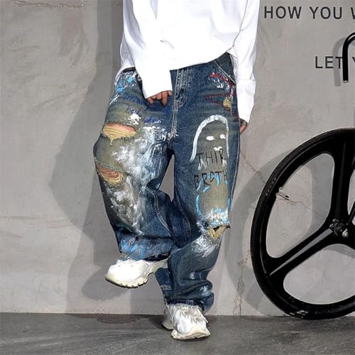 Men’S Hip Hop Graffiti Baggy Ripped Skateboard Jeans Slim Fit Button Fly Midweight Distressed Full Length Trendy Wear Pants4