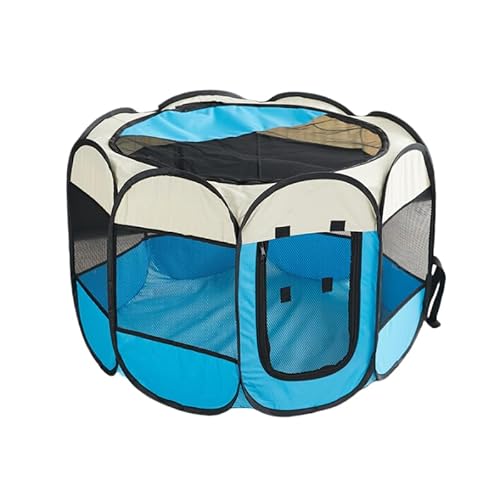 UGYMSIA ペット八角形ケージ、折りたたみ式犬ケージ、防水オックスフォード布、ペットテント、取り外し可能で洗える、傷つきにくい、犬と猫の分娩室 (ベージュ+ブルー,S 73x73x43cm)
