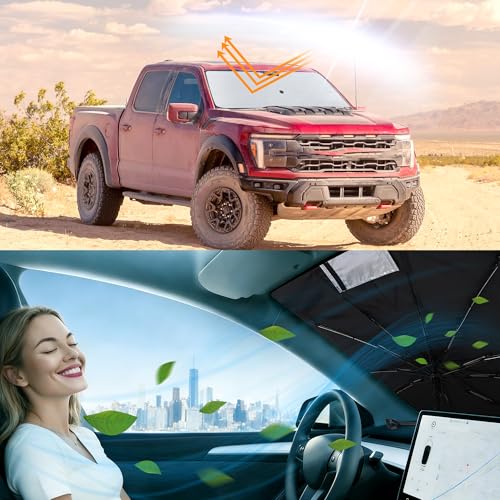 Image of Windshield Sun Shade Umbrella for 2021-2026 Ford F150 F-150 | Full covered for windshield, Block UV Rays, Heat Reduction, Easy to install, Durable & Fold Up Small