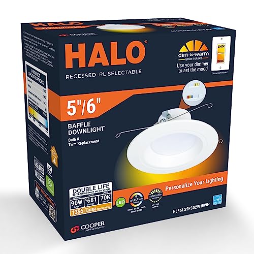 halo 56 inch led recessed light retrofit selectable cct 2700k-5000k dimmable dim to warm 9001200 lumens wet location indoor outdoor ceiling downlight rl56ls9fsd2w1ewh
