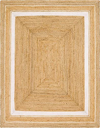 Image of Handwoven 4x6 feet Jute Rectangular Rug, Natural Fibers, Braided Reversible Carpet for Stylish Bedroom Living Room Dining Room Kids Room (4x6 feet, White & Beige)