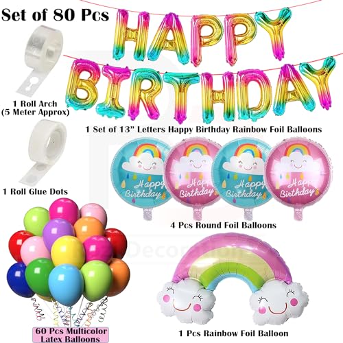 Image of Rozi Decoration Foil, Latex, Paper Rainbow Theme Happy Birthday Decoration Items Set Of 80 Pcs Multicolor Balloons For Birthday Decoration, Rainbow Birthday Decoration Items For Girl