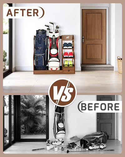 Image of Mythinglogic Wooden Golf Bag Storage Rack for 2 Bags with Drawer